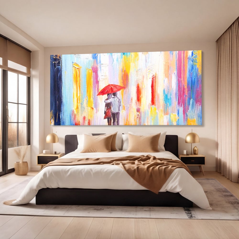 Tablou canvas cu pictura cu un cuplu sub umbrela, fara rama, pe sasiu de lemn, pe perete intr-un dormitor